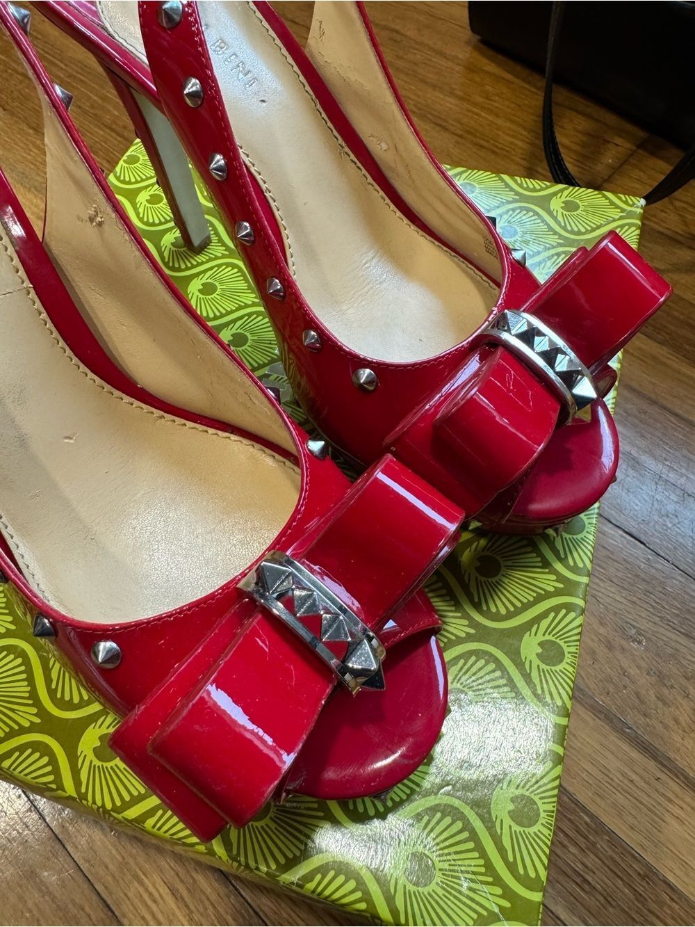 Gianni Bini Spikey629 Red Patent Studded Bow Slingback Platform Heels - Picture 7 of 9